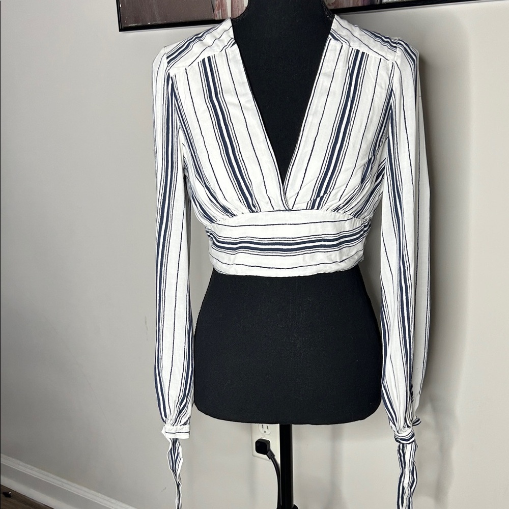 Fashion Nova White and Black Striped V-Neck Blouse